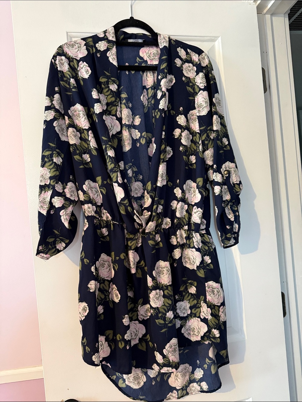 Trac Navy Floral Wrap-Style Mini Dress with Pink Roses
